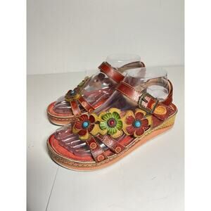L'Artiste EUC Red Leather Goodie Floral Flower Adjustable Sandal 37 6.5-7 US